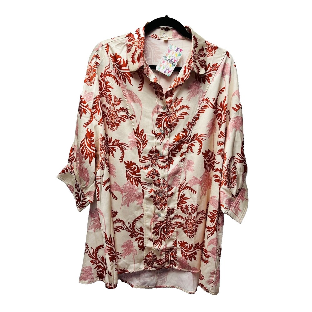 Lena L Ivory Ginger Floral Silky Tunic Blouse 90s Beach Boho Cruise Gypsy NWT
